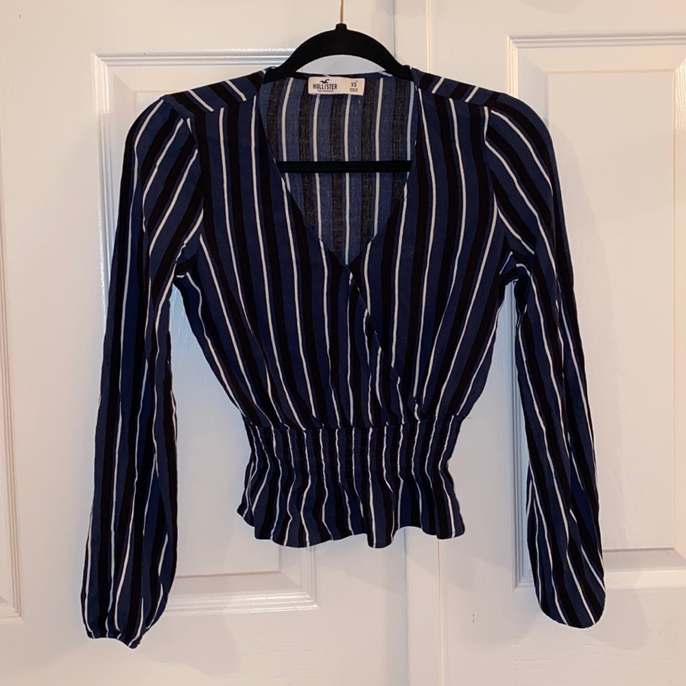 NWOT Hollister Blue White and Black Striped Peplum Long Sleeve Top